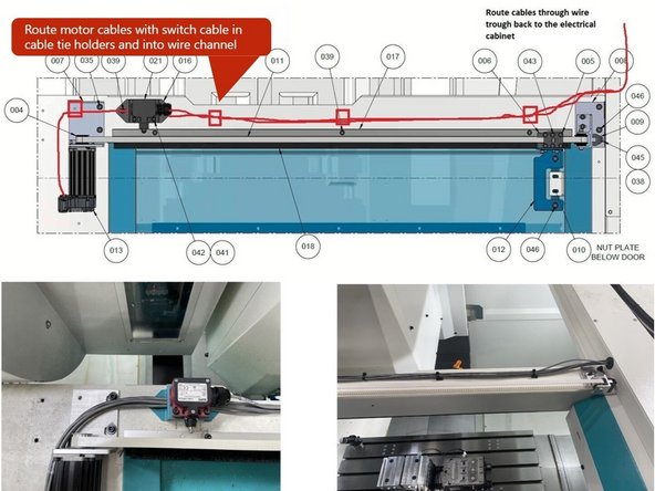 Next connect the Motor Power and Signal cables to the motor. Route through the limit switch bracket and join them with the Home/Limit switch cable and tie them all into the cable tie holders and run them back to the wire channel and into the electrical cabinet. See Diagram 1.