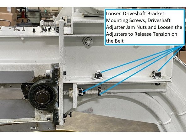 Loosen the four belt driveshaft bracket mounting screws and belt tension adjustment screw lock nuts. Loosen the belt adjustment screws to remove the tension on the belt.