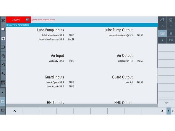 The screen on the left shows Lube Pump, Air, Guard I/Os