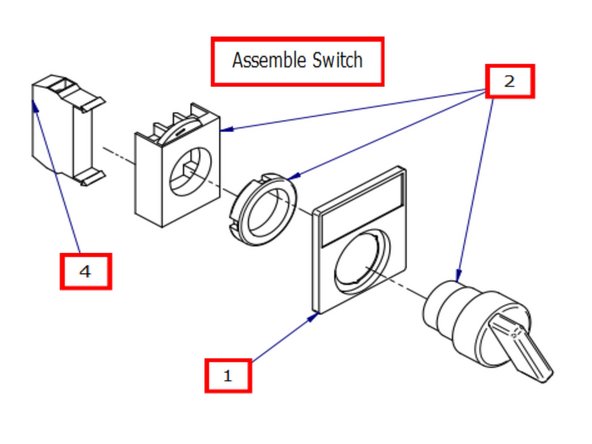 Assemble forward - reverse coolant switch and attach to apron plate. Number refer to part number in 26100  BOM. 1 - Nameplate, 2 - Two position switch assy, 4 - Contact block.