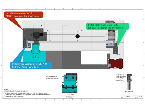 Once all of the holes have been drilled install the Plate-Auto Door-Left (36221) to the top machine sheet metal. Use 2 of the 3 nut plates to attach the plate to the top of the cabinet. See Image 1