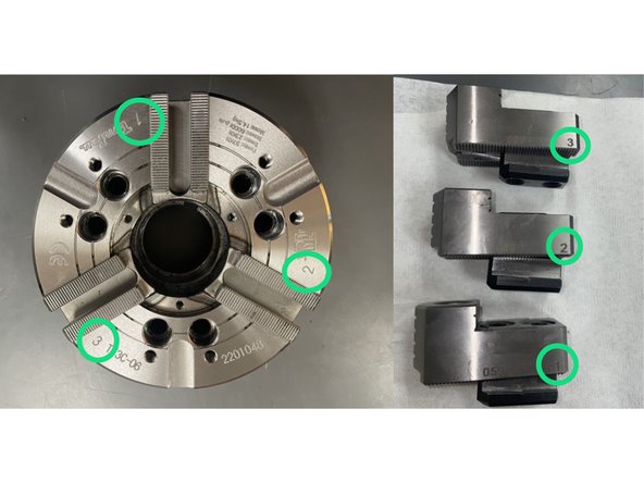 Reinstall the center cap and other two chuck jaws.  The jaws and chuck are numbered, return the jaws to the corresponding location on the chuck. Torque the jaws to 47ft-lbs.  See Photos 2 and 3