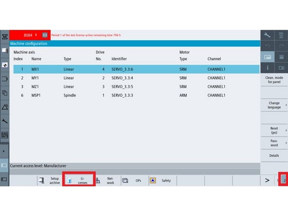 From the controller pendant, press “Setup”, then either “&gt;” or “2” to move to the second page of the Horizontal Soft Key (HSK) selections and then press “License”.