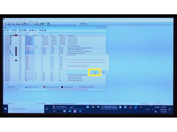 At the top, find and click the WRITE PARAMETERS icon. A window will prompt you a message. Click YES. It will override the parameters, click OK.