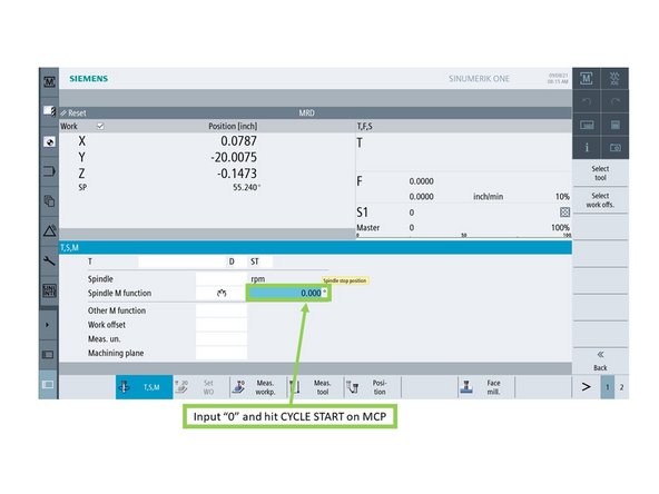 Orient the spindle using the control to get to the tool change orientation angle via the following steps: