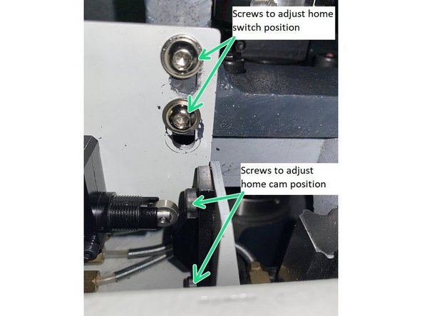 To set the home switch, move the X Axis back to 1.5 revolutions off of the hard stop, then loosen the screws on the home cam and adjust it so that the home switch just trips. If there isn't enough adjustment on the home cam you can loosen the home switch bracket screws and adjust using the switch bracket.