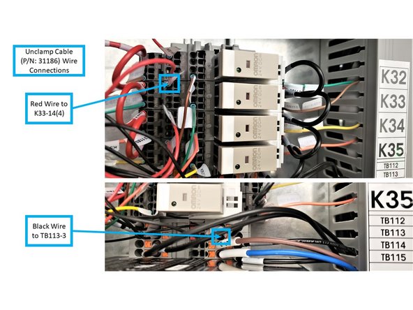 Connect the following colored wires of the Unclamp Cable (P/N: 31186) to the following locations in the electrical cabinet: