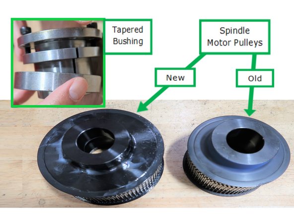 Photo shows 8 screws removed then  2 of 4 jackscrews installed preparing to slide out the tapered bushing. Remove the bushing and slide pulley away from the motor.
