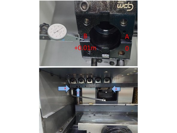 Set up your dial indicator to measure the turret surface shown in Photo 2. Zero at point "A" and measure to point "B". Using the adjustment screws Loosen screw "C" to adjust screw "B" or tighten screw "C" to adjust screw "A". The parallelism of this surface should be  0.0004"/3.5 (0.01mm/90mm) or less.