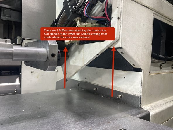To adjust the Sub Spindle you need to loosen the (4) M20 screws attaching the spindle to the main casting. To do this you will need a long 1/2 drive ratchet and a stubby 17mm hex driver socket. Loosen the screws and then retorque to 60 in-lbs (70 kgf.mm). See Photos below for screw locations.