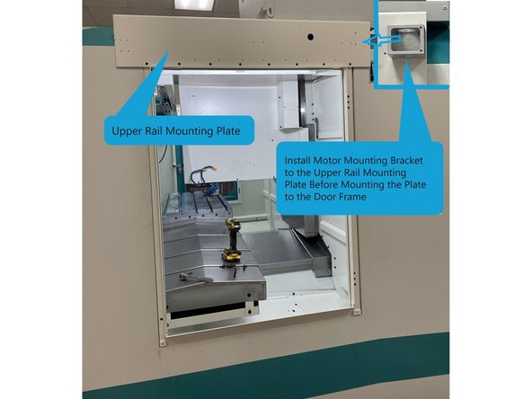 Once the door frame has been installed you need to install the upper rail mounting plate. Note: Install the motor mounting bracket to the upper rail mounting plate before installing the plate to the door frame.