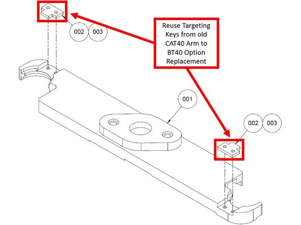 If you are replacing the standard CAT-40 Arm with the BT40 Option (P/N: 34085), the targeting keys should be removed from the old CAT-40 Arm, and then reused on the new BT40 Arm.
