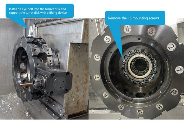 Now that the Gearhead has been removed Install an eye bolt into the turret disk and support the turret with a lifting device. Then remove the 15 mounting screws.