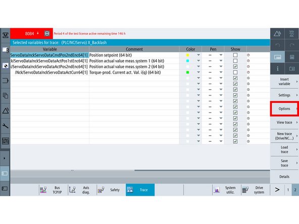 Pressing VSK "Options" allows certain options of the Trace feature to be changed.