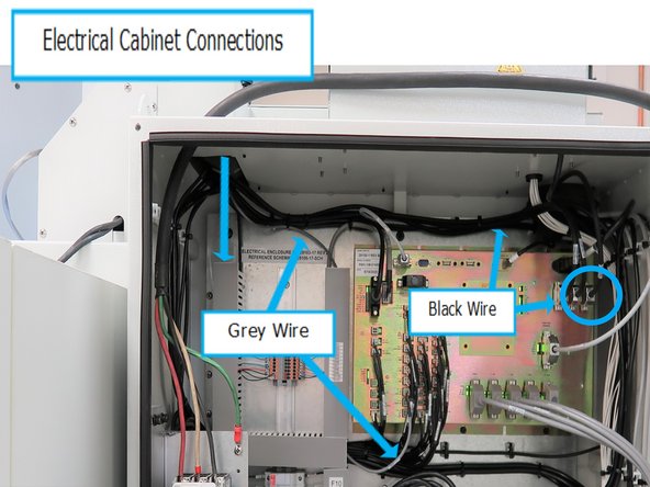 Wires routed into Electrical Cabinet. Attached black wire to Z Axis Connection. Connect grey wire to connection labeled  P-71-IN-Z-HW Park 1&amp;2 on the computer module.
