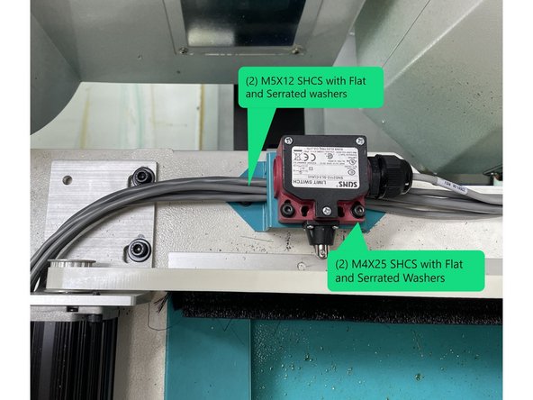 Install Home/Limit Switch P/N 22551-26 to the Home/Limit Switch Bracket P/N 36167 with (2) M4X25 SHCS and flat washers. Then attach the switch and bracket to the Upper Door Support Sheet Metal using (2) M5X12 SHCS with serrated and flat washers as shown in Photo 2.