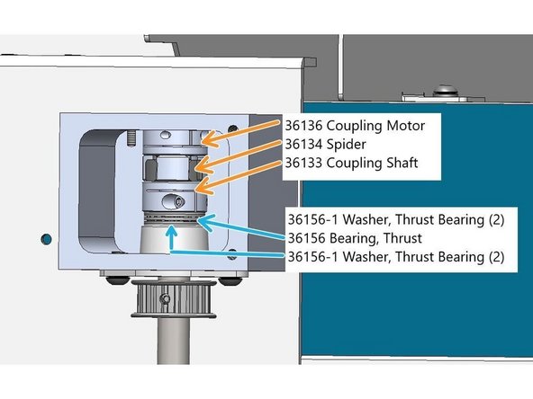 Install the upper pulley 50620-2 and Needle Bearing 50633-1 to the shaft, and move the shaft up into the motor mount and then lower the shaft into the lower bearing. Next install the upper bearing into the motor mount with (2) M5-0.8 X10 (27B) BHCS then tighten the upper pulley to the flats on the  shaft. See Photo 2