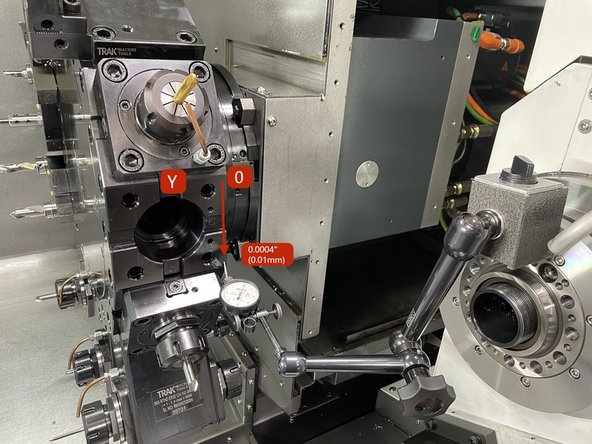 Measure the turret disk on the tool holder mounting face in locations X, Y, and Z. Zero on the right side and measure to the left. The spec is .0004/3.5" (.01/90mm) on all 3 axis.  On the Y axis zero at the top and measure down.  See photos for axis measurements.