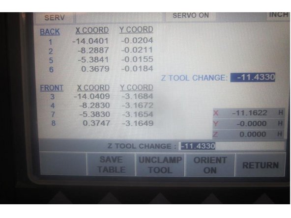 Go to service code 520. Press the &quot;ATC front&quot; then the &quot;Go&quot;  key. Press the &quot;Input table&quot; key. Place a tool holder in any tool location. Use the hand wheel to jog  X and Y to match the coordinating numbers for that location.