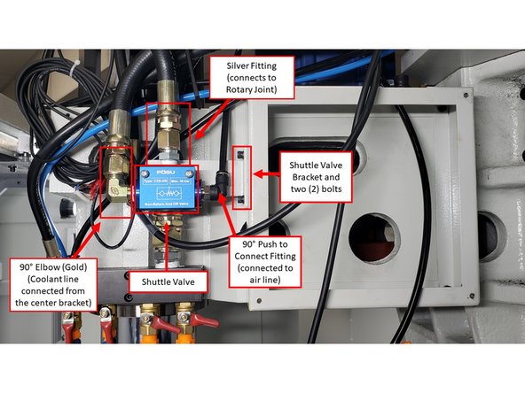 While facing the front of the machine, install the Shuttle Valve and its bracket on the right side of the sheet metal above the spindle.