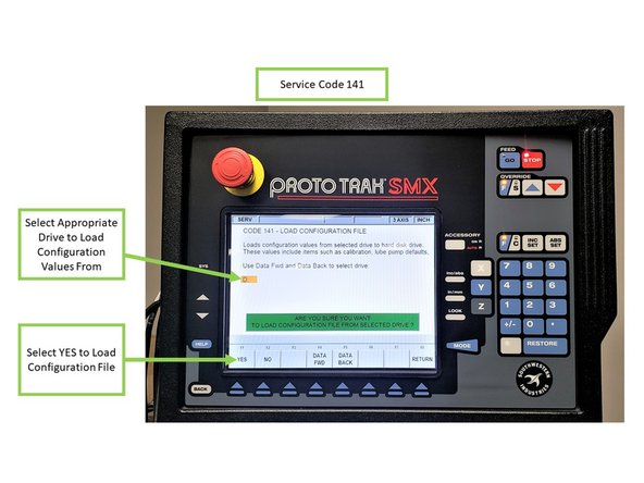 Insert USB/floppy drive on the SX control. On the Service Code 142 screen, select the appropriate drive to save the configuration files to (D Drive will be available for most USBs), and choose YES.