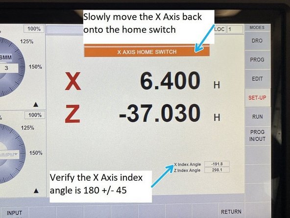 Block off the X axis so it remains on the home switch. Remove the motor mounting screws, separate the coupling and remove the motor. With the motor removed but still connected, slowly handwheel the motor to 180 degrees on the index angle display in service code 505. Remove the coupling from the motor and reinstall on the other half in the machine.