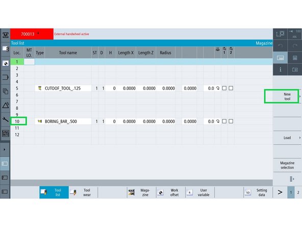 Press [NEW TOOL] on the right-side button panel.