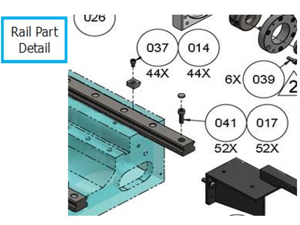 Slightly tighten bolts from right to left while pressing the rail against the reference edge. Do not torque the M8 SHCS.