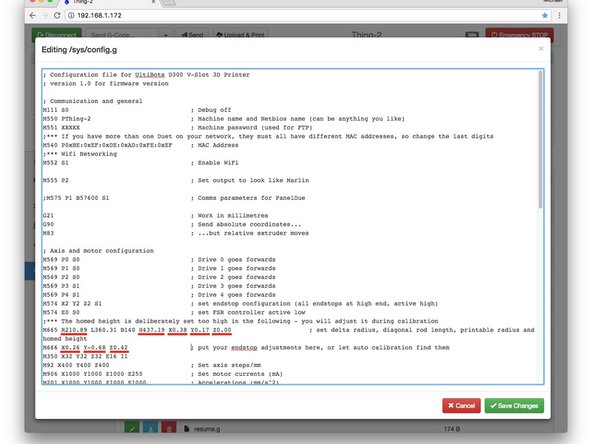 Click the Settings button then the System Editor tab and click the green pencil Edit button next to the config.g file. Find the lines that start with M665 and M666 as shown in the second screen capture.