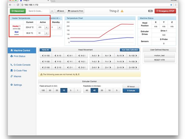 Remove the blue silicone sock from the hot end. Enter 60° in the Heater 1 Active field and press ENTER. The hot end should start to heat up and stabilize at 60°C as shown in the second screen capture. Verify that the hot end fan turns on at 50°C, it is thermostatically controlled and turns on above 50°C and off below.