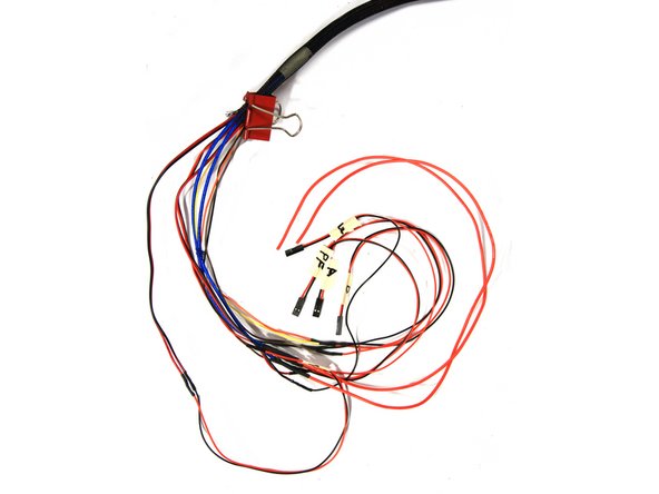Parts cooling fan wires extension:  strip 8mm (5/16&quot;) of insulation from the wire ends. Locate one pair of the 26/2 Cable Pre-Terminated wires and clip off the male connector as shown in the first photo. Solder and protect with 1/16&quot; Heat Shrink tubing.