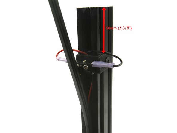 Install the endstop switch bracket on the tower with the T-nut on the right side as you face the T-slot cover as shown. The top of the bracket should be about 60mm (2-3/8&quot;) from the top of the tower and cover the end of the T-slot cover.