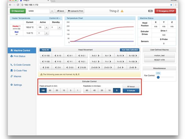 Make sure the hot end is at your selected  temperature. Click on the Machine Control on the button.