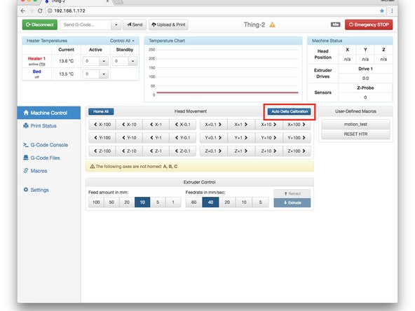 Click the Machine Control button to return to the main screen. Before clicking the Delta Auto Calibration button shown in the first screen capture, be prepared to turn off the power supply in case something goes astray. Take a deep breath then click Delta Auto Calibration.