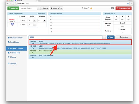 The M558 command sets up the probing parameters.  You'll find the M558 command near the bottom of the file.  The H (dive height) parameter tells the printer to start probing the specified distance (in mm) above the bed. Set it to H50 and click the Save Changes button to save the file.