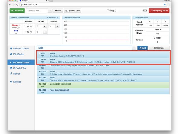 Now we are going to transfer the calculated calibration parameters to the config.g file to save them. Enter M665 and press ENTER. Then enter M666 and press ENTER. The first screen capture shows the results of auto-calibration.