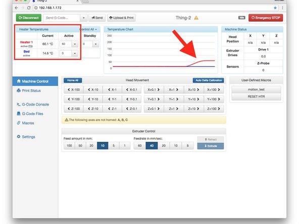 Open a web browser and load the DWC. Notice the temperature displays for the Heater 1 (hot end) and Bed temperatures highlighted in the first screen capture. These  should display reasonable room temperature values but might be off by 5°C or so. It's ok if the temperatures are off by a few degrees and also if they are not identical.