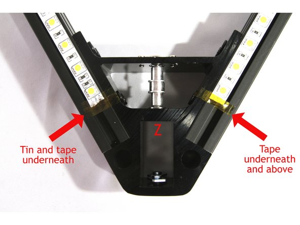The LED wires running up the Z column will connect to only one of the LED strips at the Z corner, no connections are made to the other end.