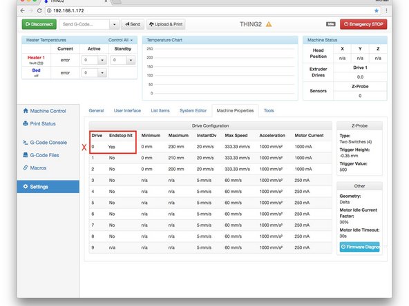 Once powered up, connect to the Duet from your web browser. You will need to know the IP address it was assigned in Step 52. Enter the IP address in your browser and after a few seconds you should see a screen similar to the first photo. This is the Duet Web Control (DWC) interface.