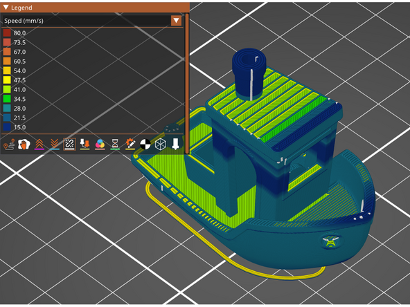 Support Material, Top Solid Infill, and internal perimeters are all a bit slower, between 40 and 50 mm/s.