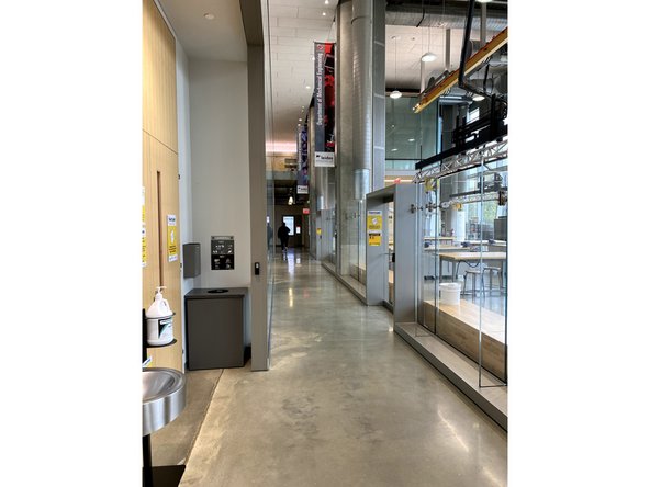 In an emergency, leave out the main entrance of the lab and head either right or left, following the illuminated exit signs, and head out of the building.