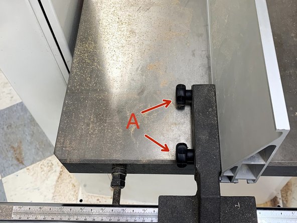 Orientate or remove the resaw fence using knobs(A). The resaw fence can be made horizontal or vertical depending on the height of the cut.