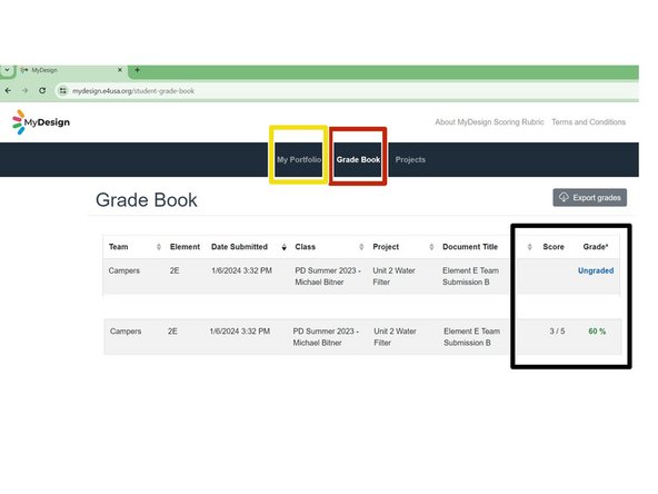 From the student  Grade Book screen