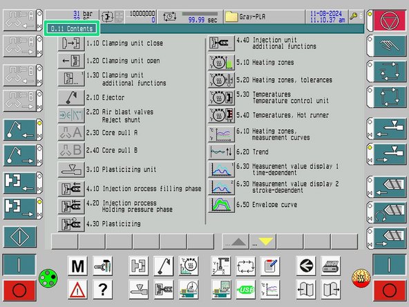 Pressure gauge: injection pressure (screw key), system pressure (gear key)