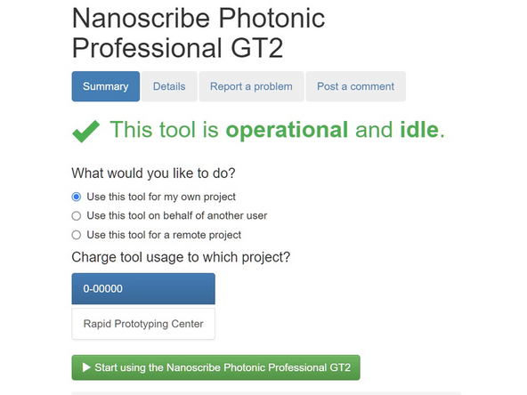 The next page will show the tool information, and some fields to select to allow the user to charge machine usage to different projects. This information will be used for charging later.