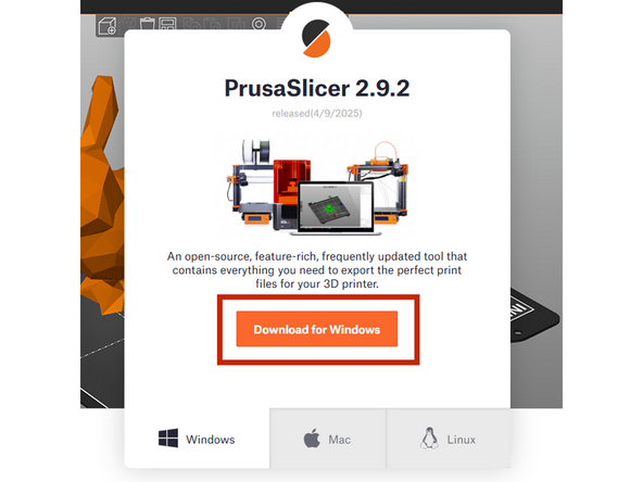 Navigate to https://www.prusa3d.com/page/prusaslicer... to download PrusaSlicer