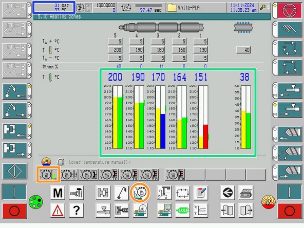 You must wait for both the oil and screw to reach their set temperatures before running the machine. The right bar for each section will be green once it reaches the correct temperature.