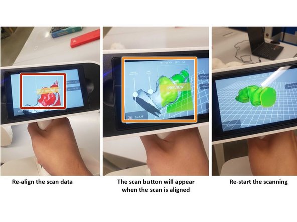 Open a prior scan and point the scanner at the scanned area to align the new scan with the old scan
