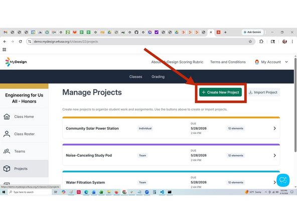 The Manage Projects screen appears