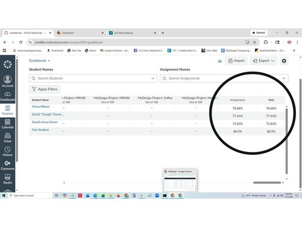 The Canvas Grade Book appears with a table of student grades for all project.